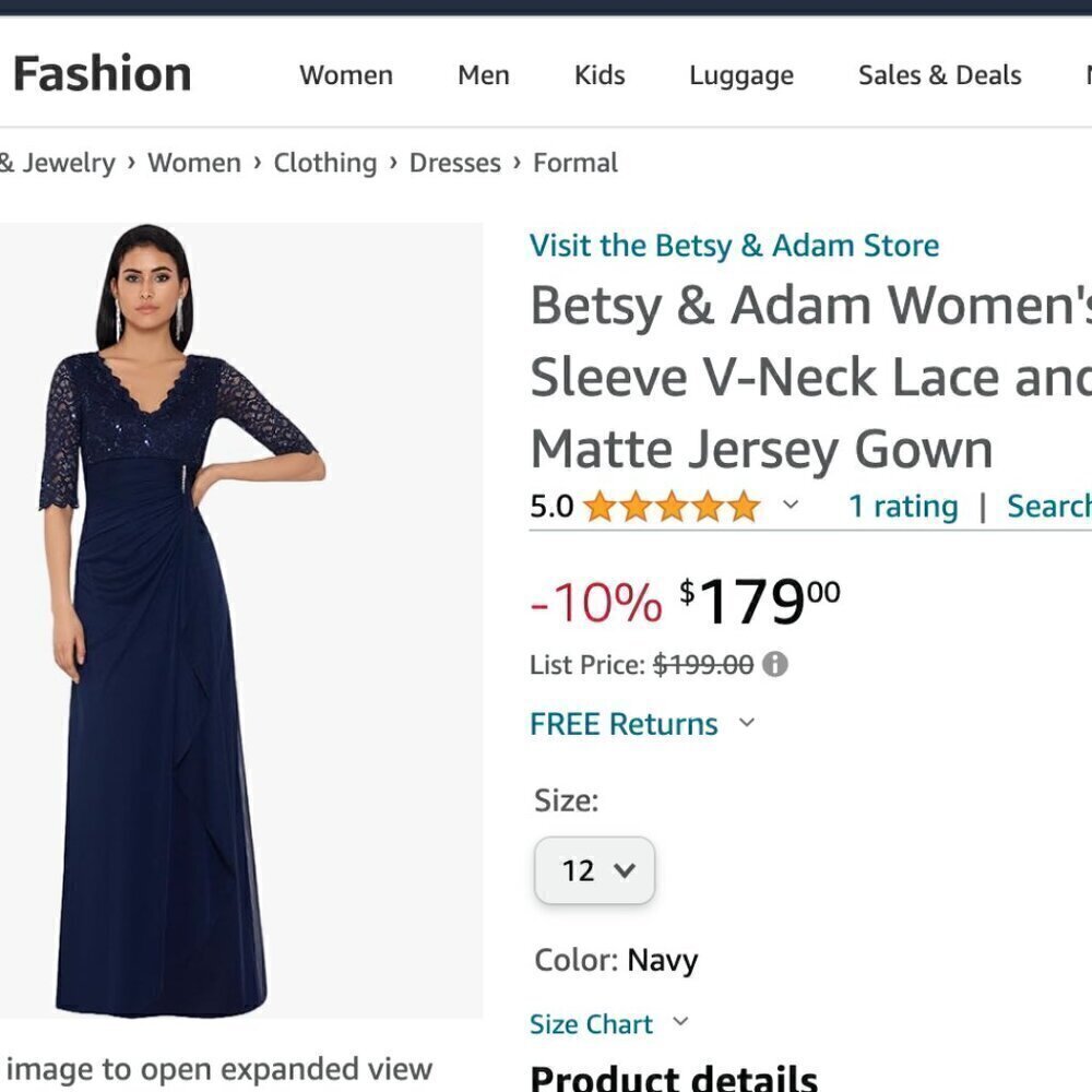 Betsy & Adam Women's Long 3/4 Sleeve V-Neck Lace Sheer Matte Jersey Gown 12 Navy - Picture 11 of 11